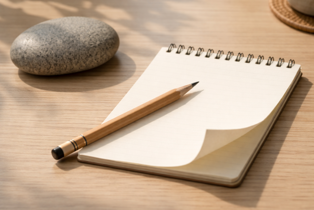 “A calm desk scene representing work energy triggers with minimal objects and no text.”