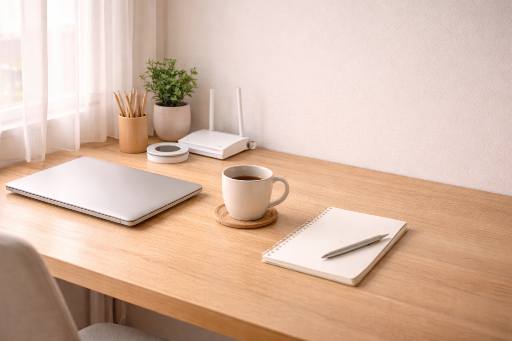 Minimal desk setup with a router, cable, and blank notebook, calm website setup logging mood