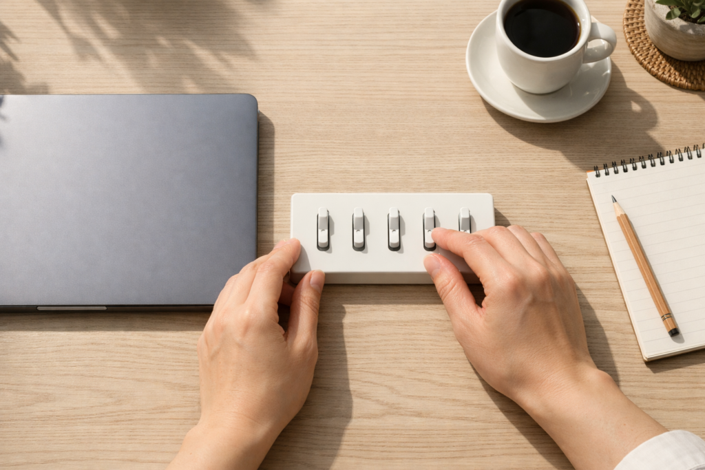 “Hands organizing a minimalist SEO setup checklist on a clean home desk.”