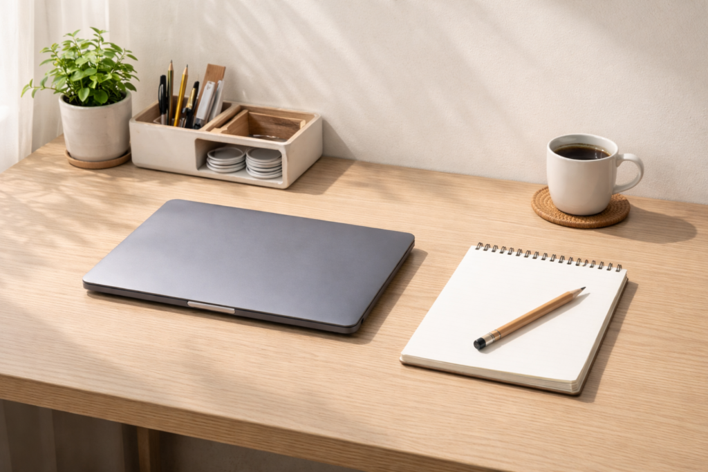 “A clean home desk representing WordPress setup for AdSense and SEO, with no text.”