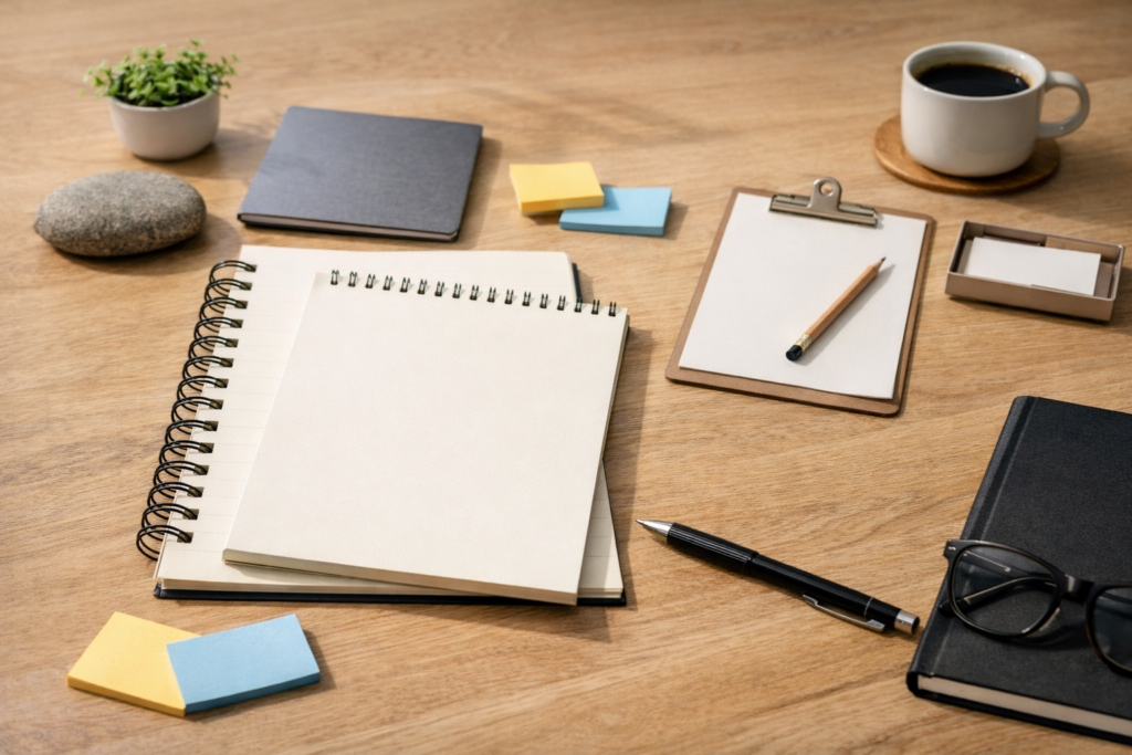 “A minimalist home desk scene symbolizing work energy flow with notebooks and simple objects.”