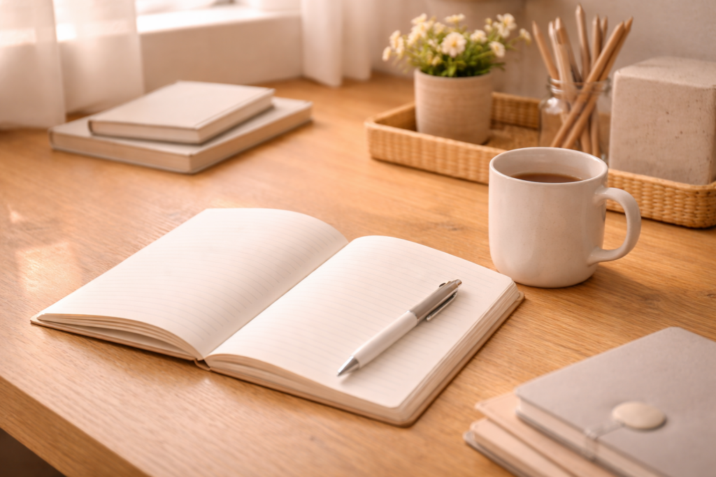 A clean desk scene with a blank notebook and a mug, representing a calm GPT writing routine.