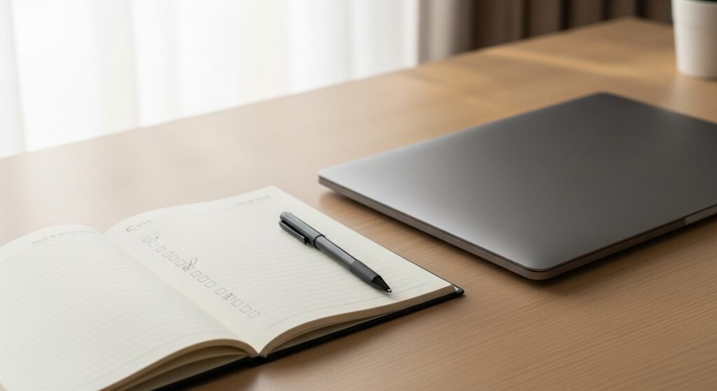 Minimalist desk setup with a blank checklist notebook and pen, prepared for website approval review
